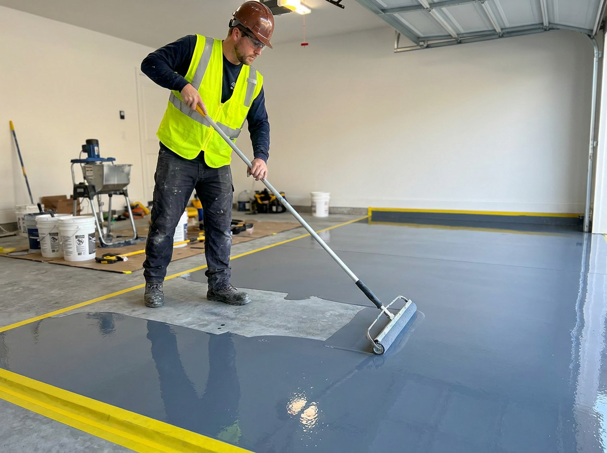 Contractor applying epoxy coating