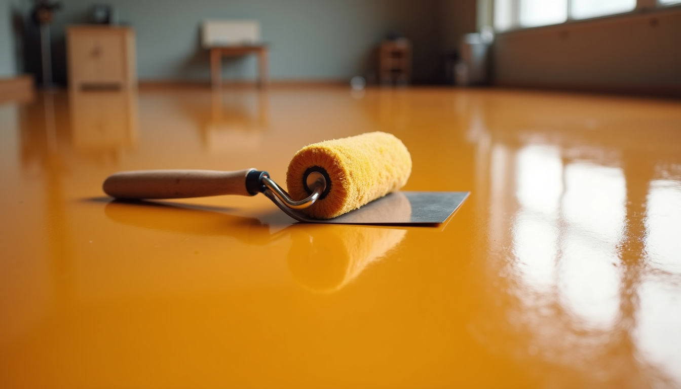 A freshly coated floor, smooth and shiny, with a few tools neatly placed on it.